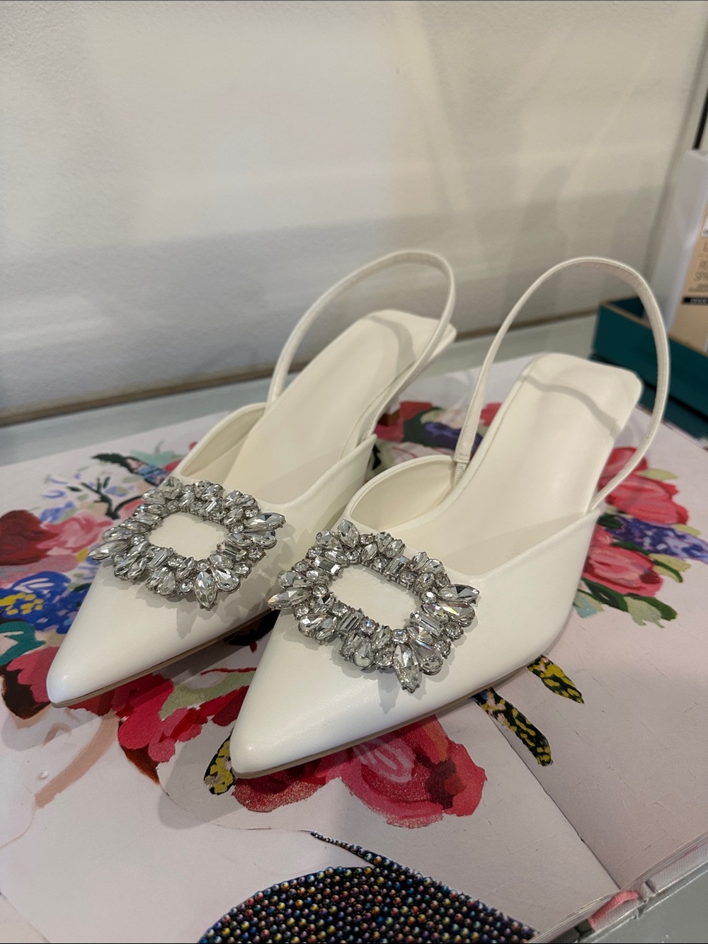Classic White Pointed Slingback Pumps with Crystal Buckle